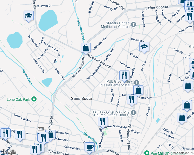 map of restaurants, bars, coffee shops, grocery stores, and more near 10 Adele Street in Greenville