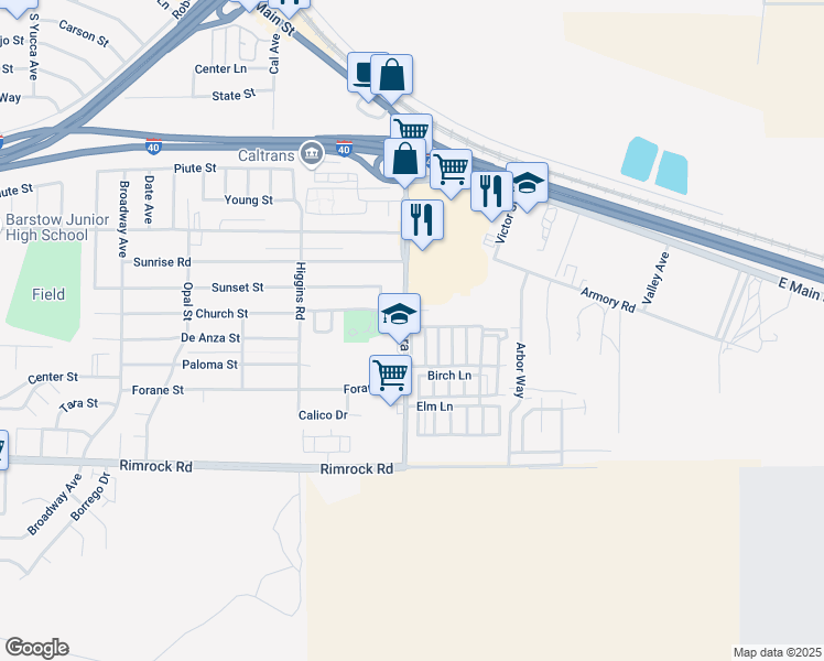 map of restaurants, bars, coffee shops, grocery stores, and more near 701 Montara Road in Barstow