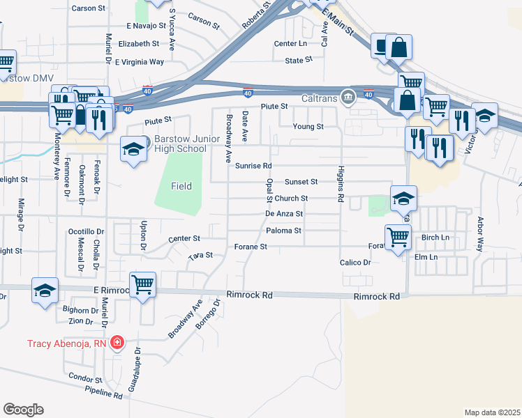 map of restaurants, bars, coffee shops, grocery stores, and more near 1537 De Anza Street in Barstow
