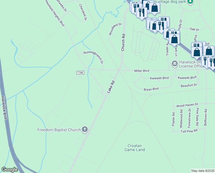 map of restaurants, bars, coffee shops, grocery stores, and more near 28 Mustang Court in Havelock