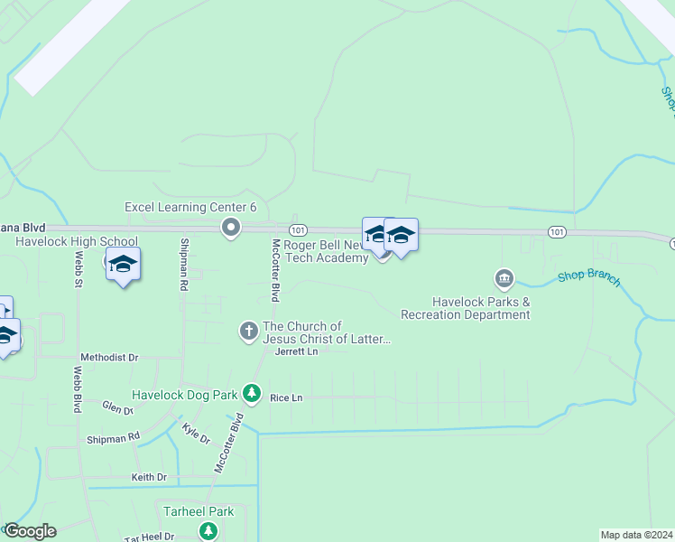 map of restaurants, bars, coffee shops, grocery stores, and more near 138 Village Court in Havelock