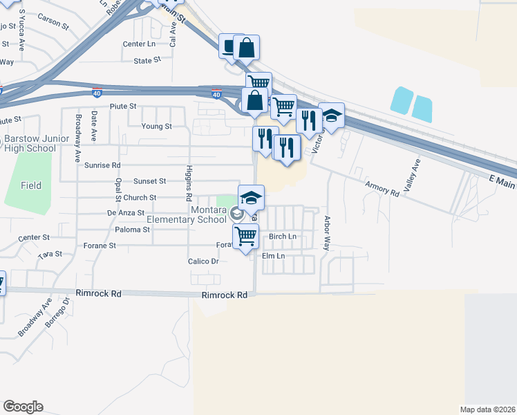 map of restaurants, bars, coffee shops, grocery stores, and more near 701 Montara Road in Barstow