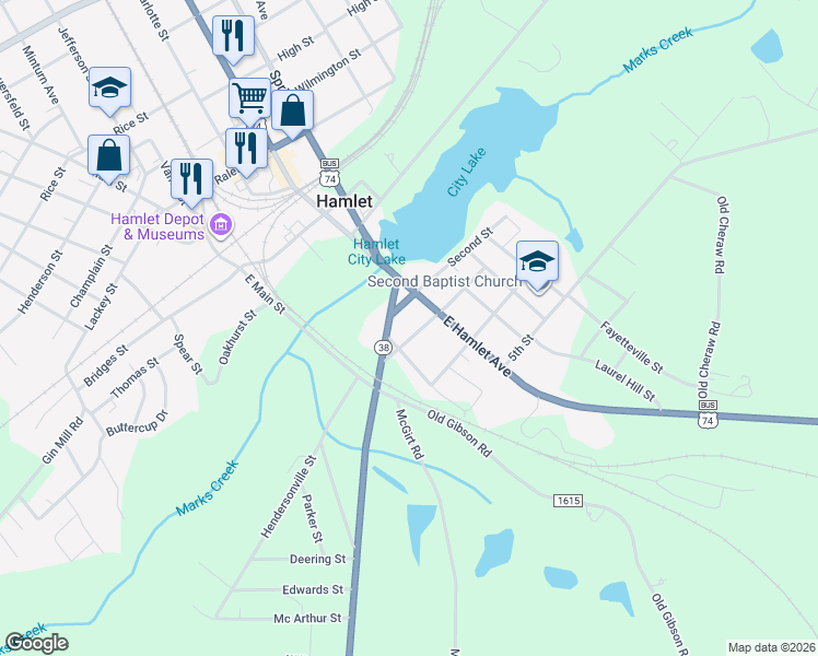 map of restaurants, bars, coffee shops, grocery stores, and more near 205 3rd Street in Hamlet