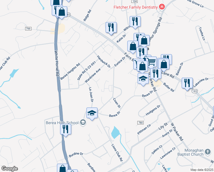 map of restaurants, bars, coffee shops, grocery stores, and more near 200 Eunice Drive in Greenville