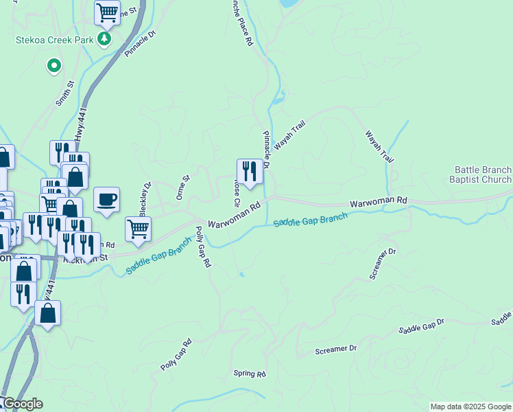 map of restaurants, bars, coffee shops, grocery stores, and more near 700-748 Warwoman Road in Clayton