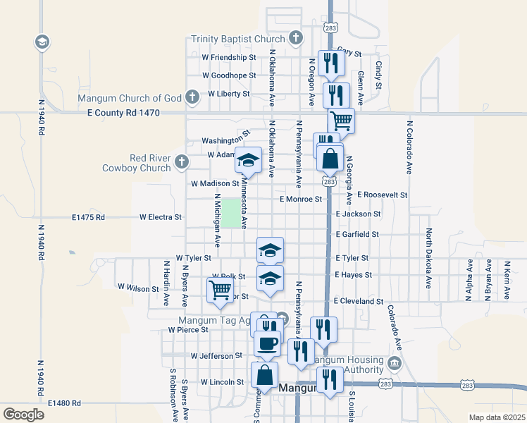 map of restaurants, bars, coffee shops, grocery stores, and more near 117 West Jackson Street in Mangum