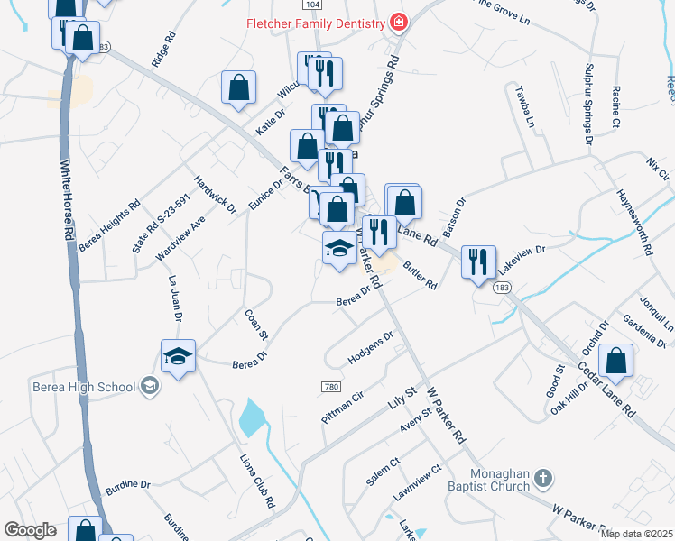 map of restaurants, bars, coffee shops, grocery stores, and more near 100 Berea Drive in Greenville