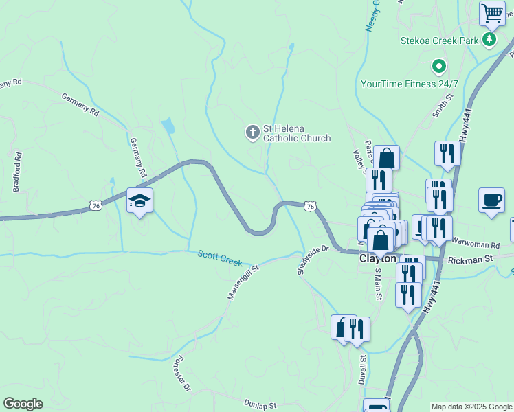 map of restaurants, bars, coffee shops, grocery stores, and more near Holden Street in Clayton