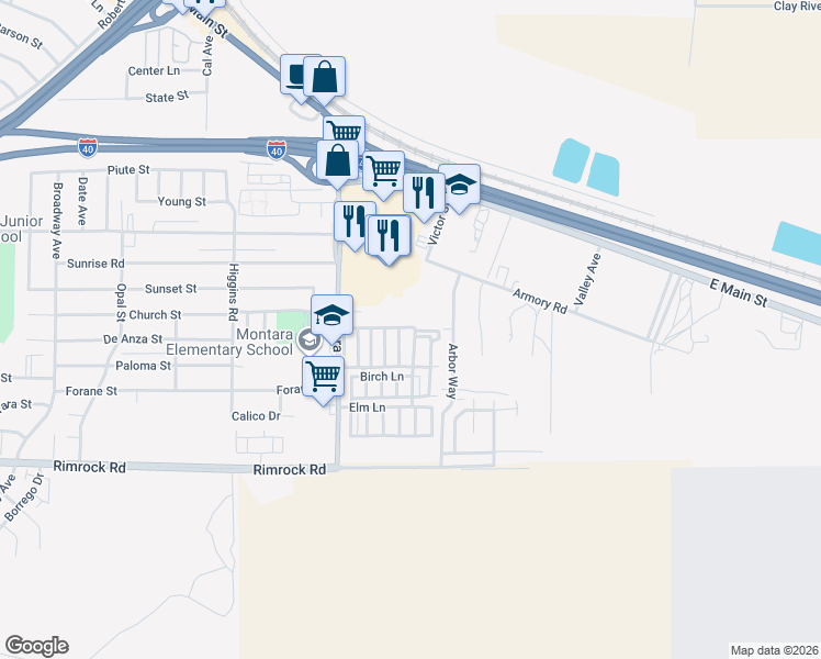 map of restaurants, bars, coffee shops, grocery stores, and more near 701 Montara Road in Barstow