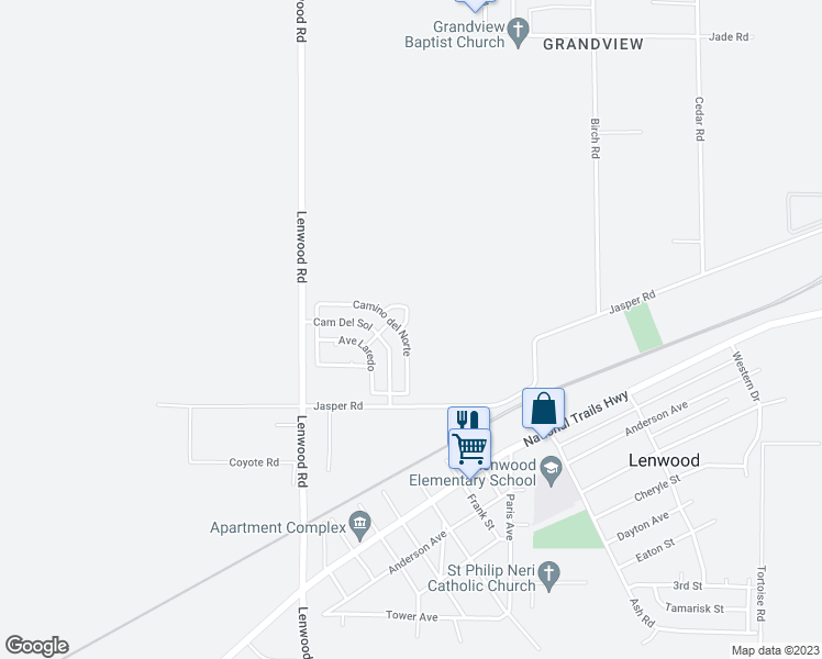 map of restaurants, bars, coffee shops, grocery stores, and more near 34690 Pso Del Valle in Barstow