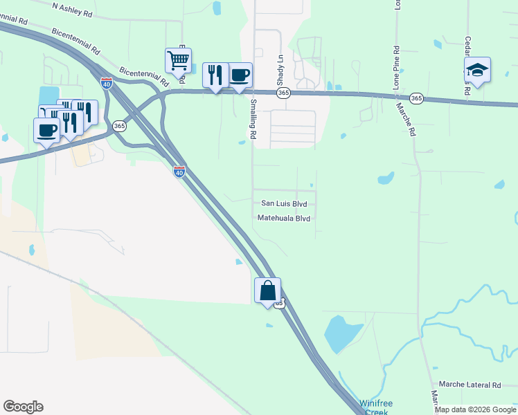 map of restaurants, bars, coffee shops, grocery stores, and more near 2004 San Luis Boulevard in North Little Rock