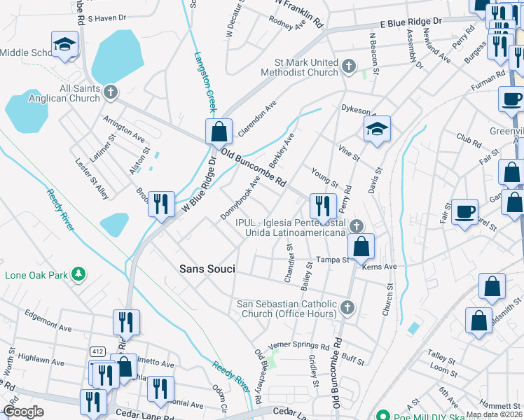 map of restaurants, bars, coffee shops, grocery stores, and more near 1 Bentwood Drive in Greenville