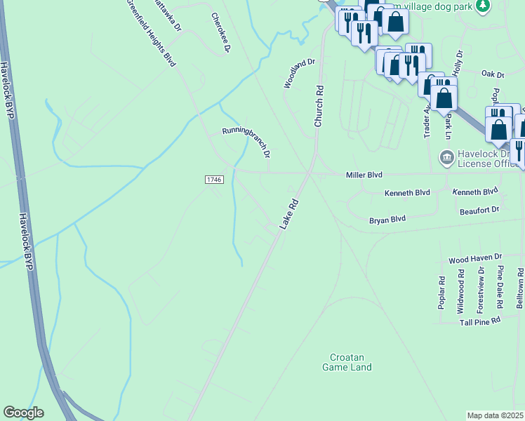 map of restaurants, bars, coffee shops, grocery stores, and more near 304 Comanche Trail in Havelock