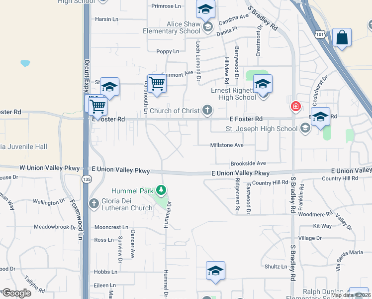 map of restaurants, bars, coffee shops, grocery stores, and more near Northpoint Circle in Orcutt