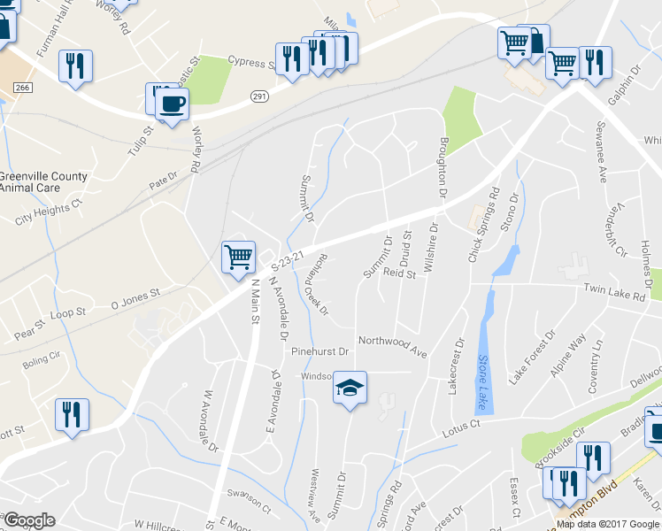 map of restaurants, bars, coffee shops, grocery stores, and more near 4 Majestic Oak Court in Greenville