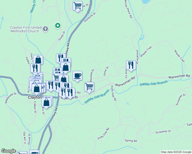 map of restaurants, bars, coffee shops, grocery stores, and more near 33 Maple Street in Clayton