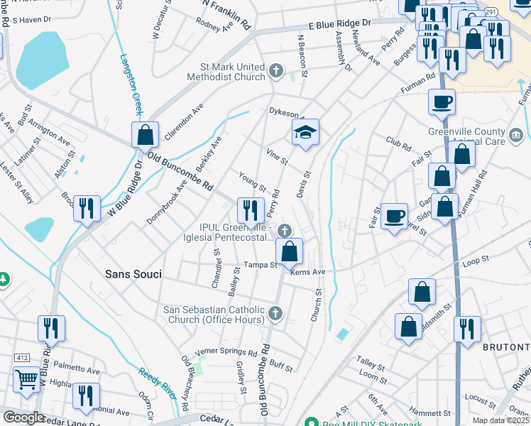 map of restaurants, bars, coffee shops, grocery stores, and more near 3 Perry Road in Greenville