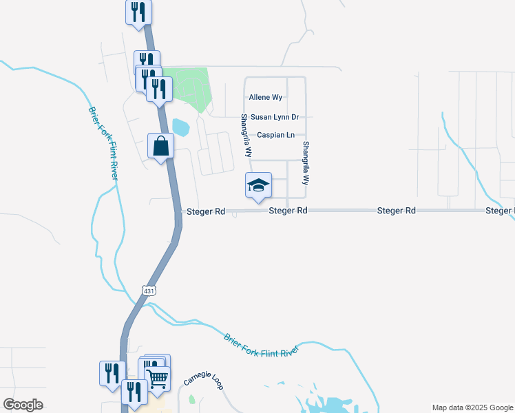 map of restaurants, bars, coffee shops, grocery stores, and more near Steger Road in Meridianville