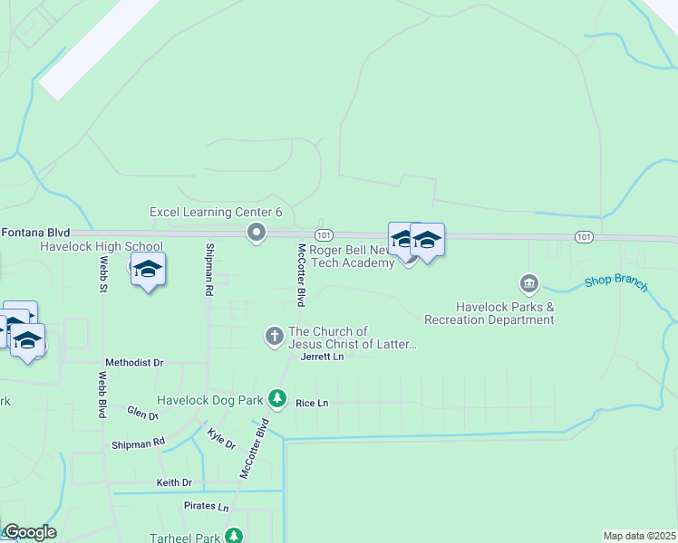 map of restaurants, bars, coffee shops, grocery stores, and more near 122 Village Court in Havelock