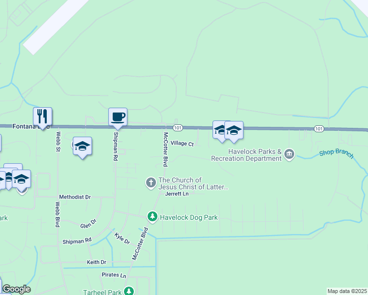 map of restaurants, bars, coffee shops, grocery stores, and more near 122 Village Court in Havelock