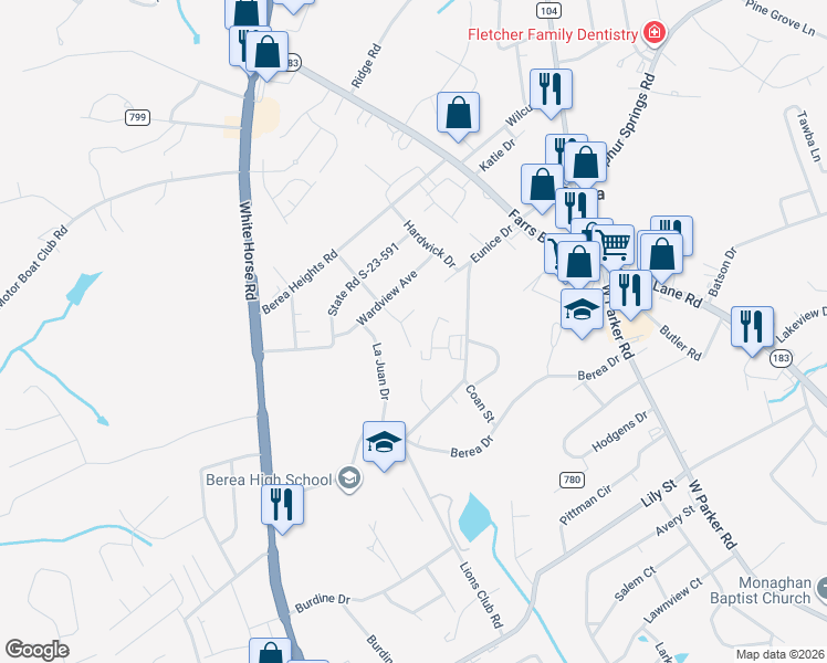 map of restaurants, bars, coffee shops, grocery stores, and more near 115 Starburst Lane in Greenville
