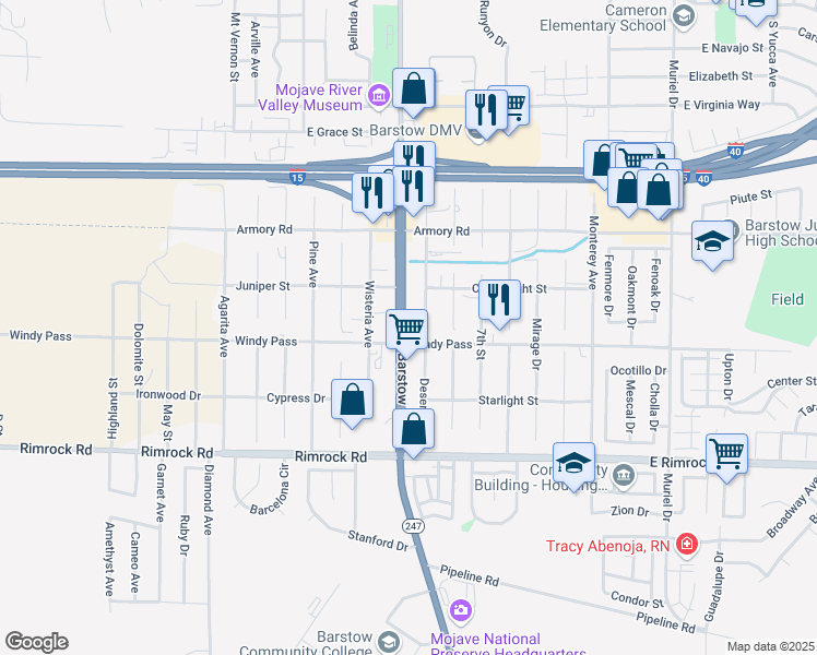 map of restaurants, bars, coffee shops, grocery stores, and more near 1161 Barstow Road in Barstow