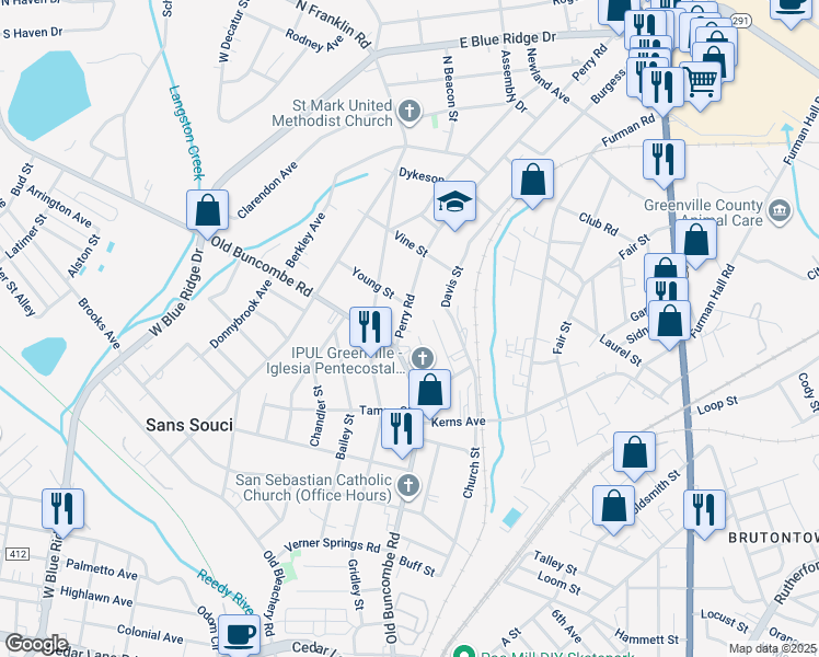 map of restaurants, bars, coffee shops, grocery stores, and more near 3 Perry Road in Greenville