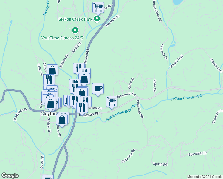 map of restaurants, bars, coffee shops, grocery stores, and more near 131 Bleckley Drive in Clayton