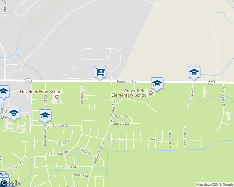 map of restaurants, bars, coffee shops, grocery stores, and more near 104 Village Court in Havelock