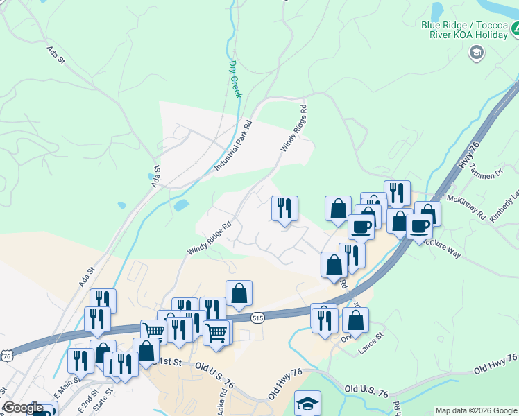 map of restaurants, bars, coffee shops, grocery stores, and more near 18 Peyton Drive in Blue Ridge