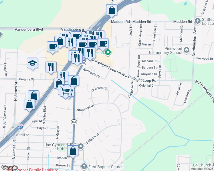 map of restaurants, bars, coffee shops, grocery stores, and more near 101 Cambridge Cove in Jacksonville