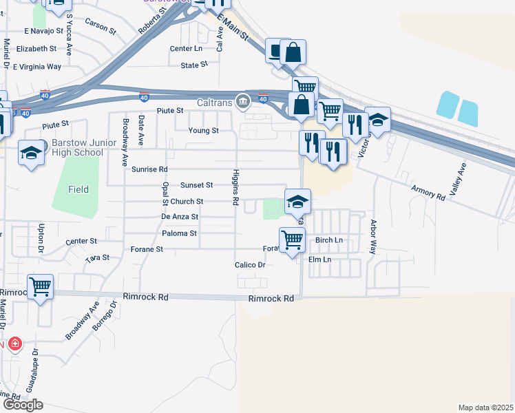 map of restaurants, bars, coffee shops, grocery stores, and more near 751 Higgins Road in Barstow