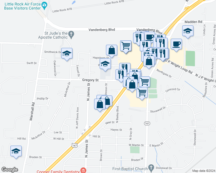 map of restaurants, bars, coffee shops, grocery stores, and more near 1608 Johnson Street in Jacksonville