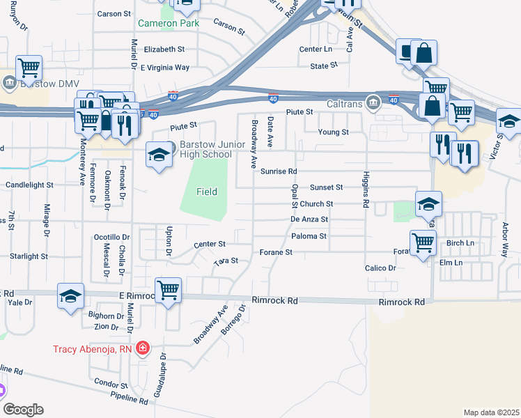map of restaurants, bars, coffee shops, grocery stores, and more near 1504 Church Street in Barstow