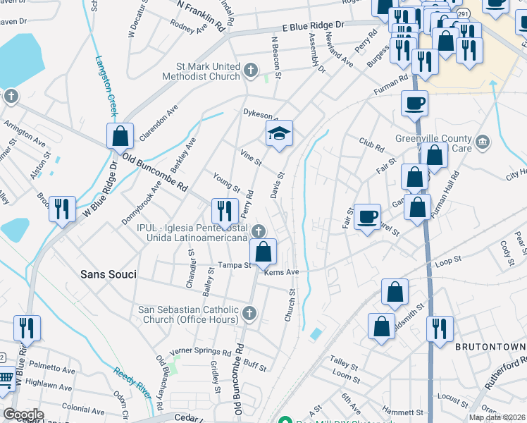 map of restaurants, bars, coffee shops, grocery stores, and more near 23 Glass Street in Greenville