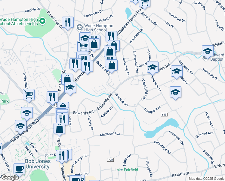 map of restaurants, bars, coffee shops, grocery stores, and more near 100 Kilkenney Court in Greenville