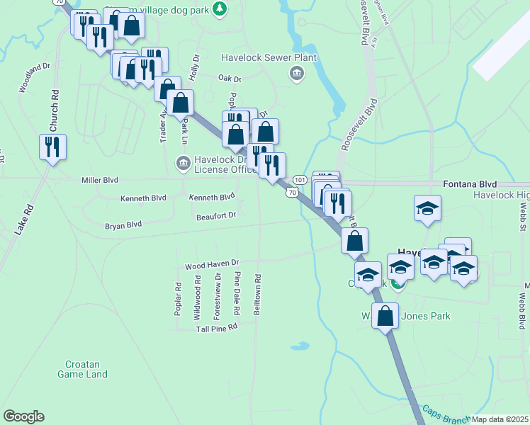 map of restaurants, bars, coffee shops, grocery stores, and more near 111 Belltown Road in Havelock