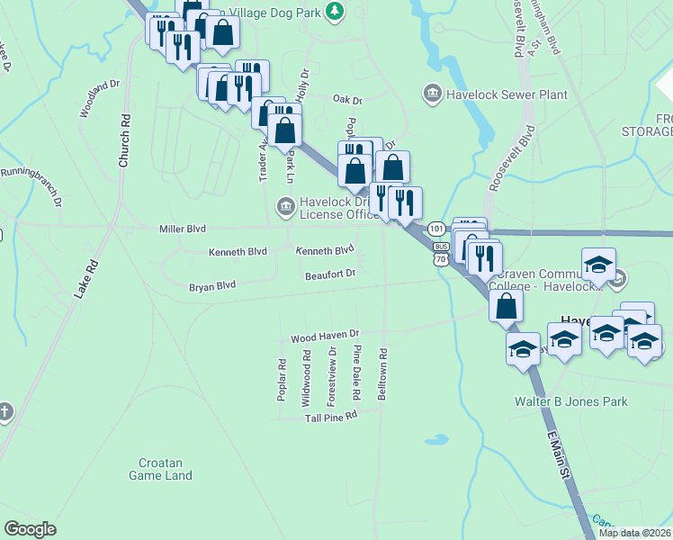map of restaurants, bars, coffee shops, grocery stores, and more near 112 Beaufort Drive in Havelock