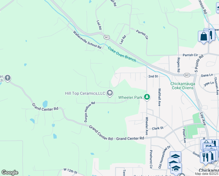 map of restaurants, bars, coffee shops, grocery stores, and more near 12 Mill Springs in Chickamauga