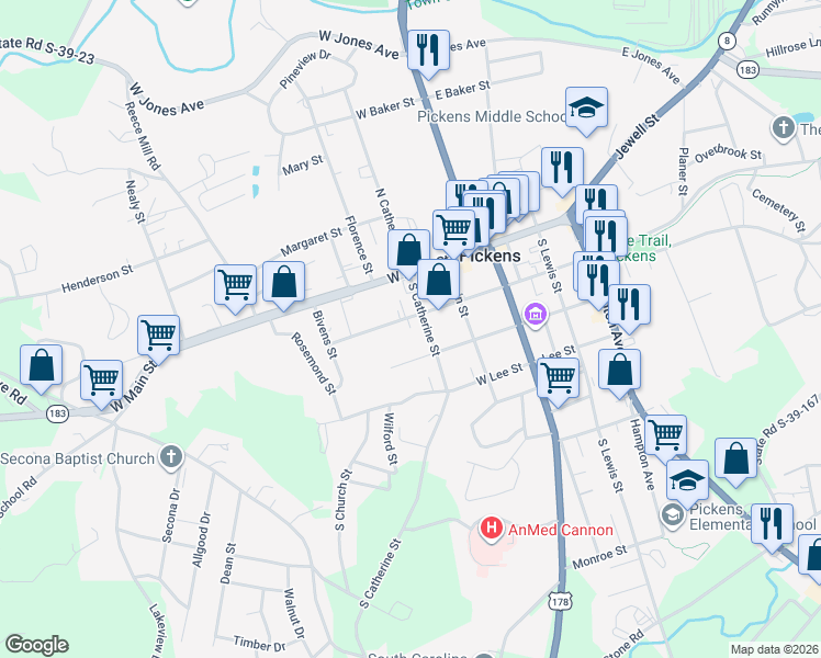 map of restaurants, bars, coffee shops, grocery stores, and more near 309 West Cedar Rock Street in Pickens