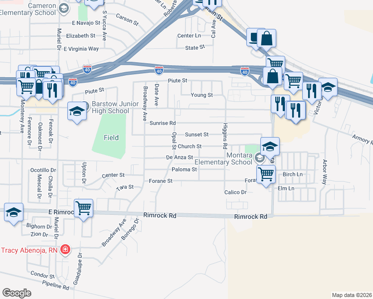 map of restaurants, bars, coffee shops, grocery stores, and more near 1620 Church Street in Barstow