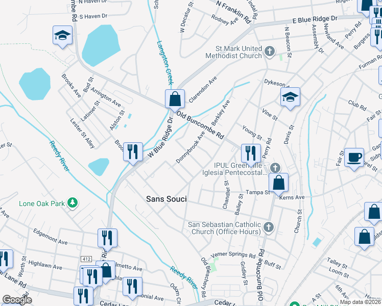 map of restaurants, bars, coffee shops, grocery stores, and more near 105 Donnybrook Avenue in Greenville