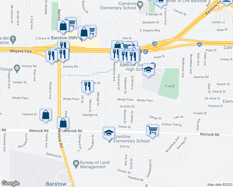 map of restaurants, bars, coffee shops, grocery stores, and more near 460 Fenmore Drive in Barstow