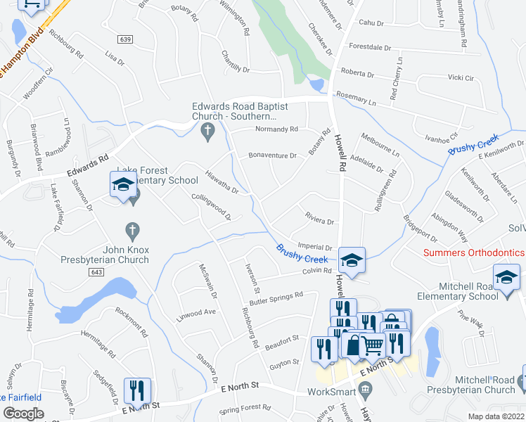 map of restaurants, bars, coffee shops, grocery stores, and more near 509 Imperial Drive in Greenville