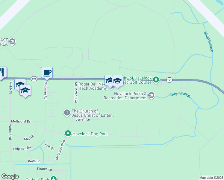 map of restaurants, bars, coffee shops, grocery stores, and more near 153 Gooding Drive in Havelock