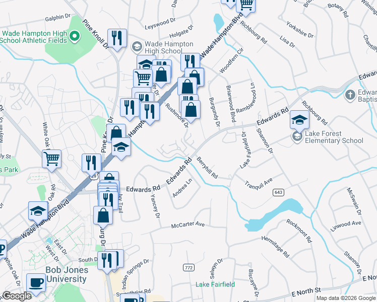 map of restaurants, bars, coffee shops, grocery stores, and more near 100 Kilkenney Court in Greenville