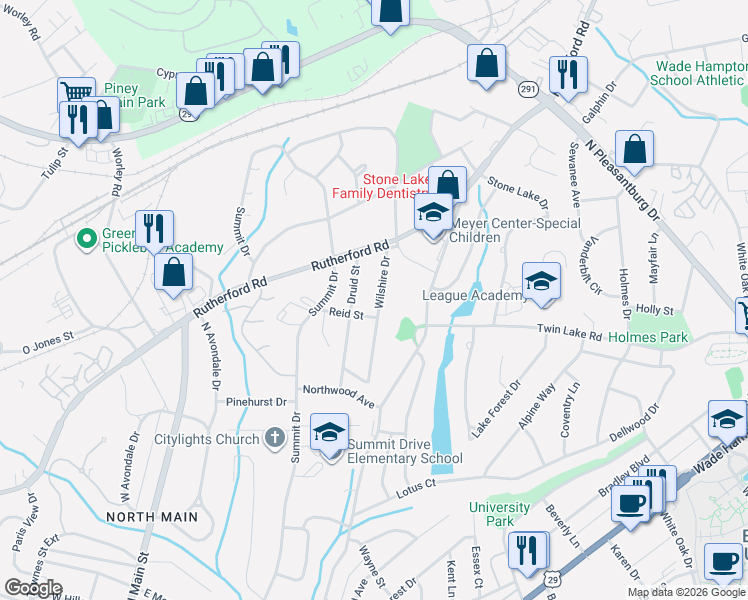 map of restaurants, bars, coffee shops, grocery stores, and more near 30 Wilshire Drive in Greenville