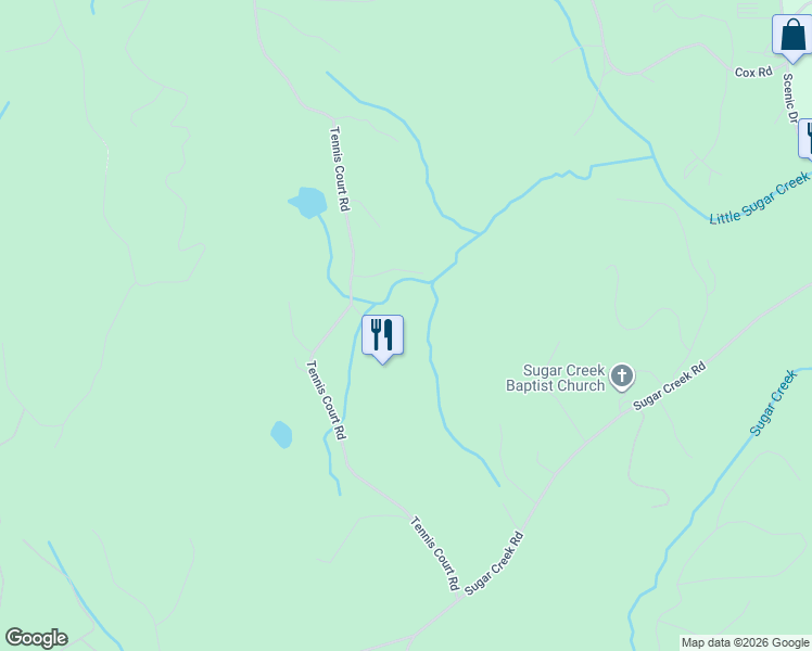 map of restaurants, bars, coffee shops, grocery stores, and more near 2626 Tennis Court Road in Blue Ridge
