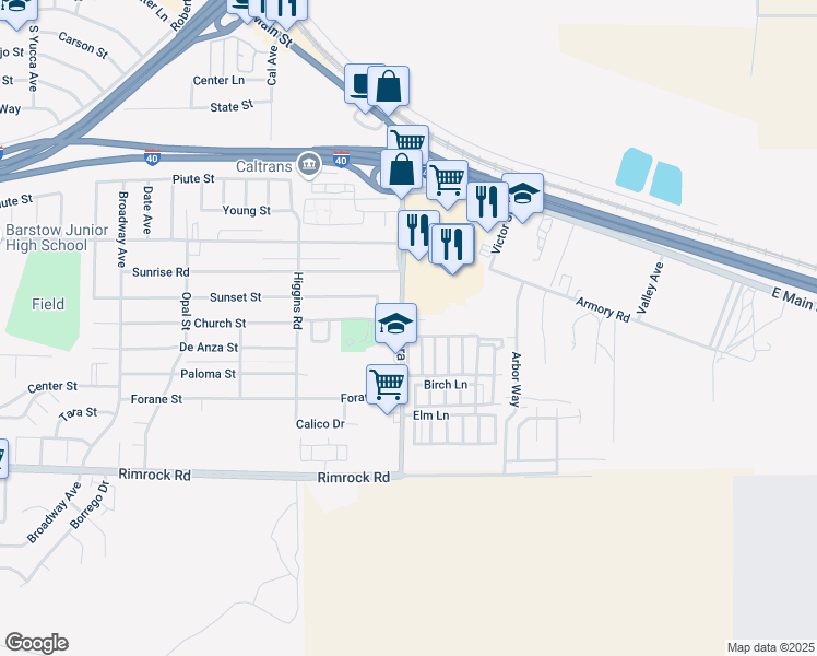 map of restaurants, bars, coffee shops, grocery stores, and more near 2 Montara Road in Barstow