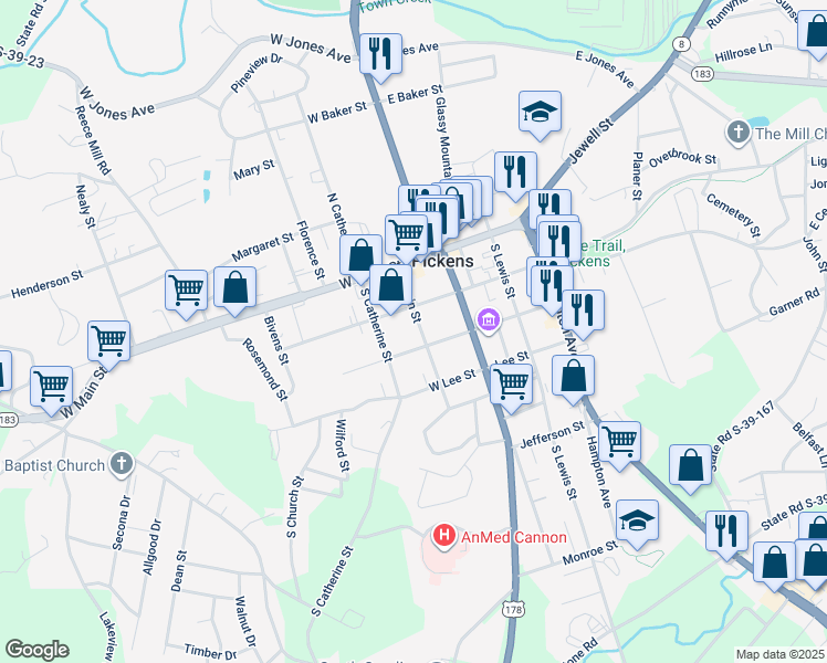 map of restaurants, bars, coffee shops, grocery stores, and more near 312 Garvin Street in Pickens